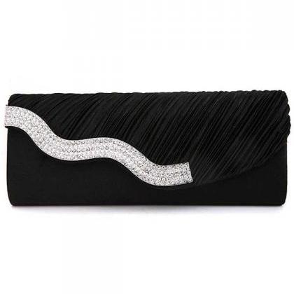 Satin Ruched Rhinestone Decor Magnetic Snap Clutch..