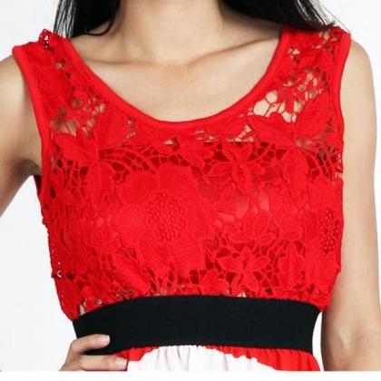Red White Stripe Lace Bodice Chiffon Maxi Dress