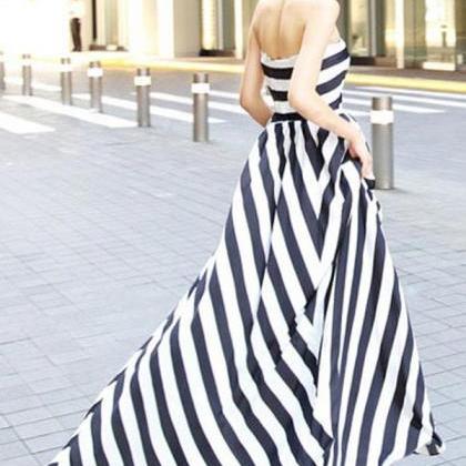 Black White Stripe Strapless Maxi Dress