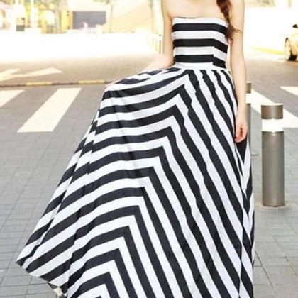 Black White Stripe Strapless Maxi Dress