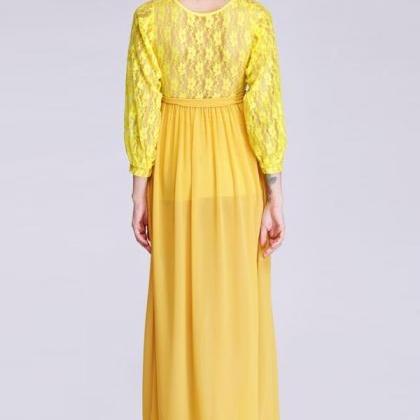 Yellow V Neck Lace Bodice Slit Chiffon Maxi Dress