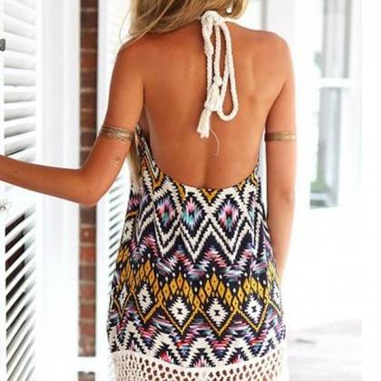 Tribal Geometric Fringe Hem Backless Summer Dress