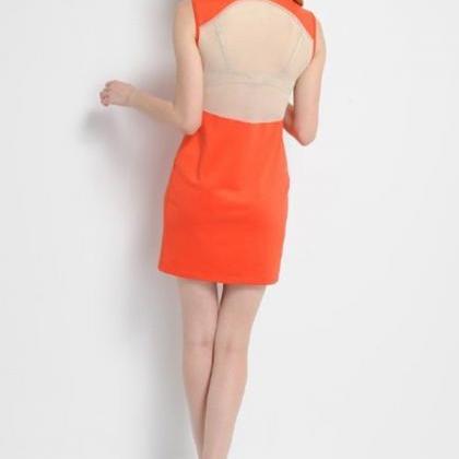 Orange Sleeveless Cutout Mesh Party Dress
