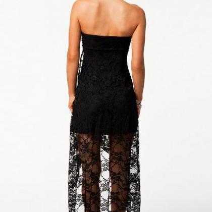 Black Lace Strapless High Low Dress
