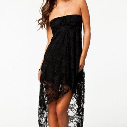 Black Lace Strapless High Low Dress
