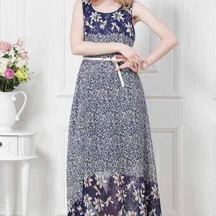 Dark Blue Floral Print Chiffon Maxi Dress