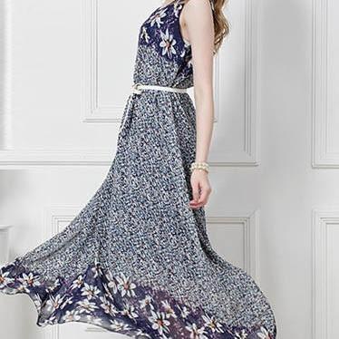 Dark Blue Floral Print Chiffon Maxi Dress