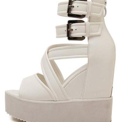 White Crossover Peep Toe Ankle Strap Casual Wedges