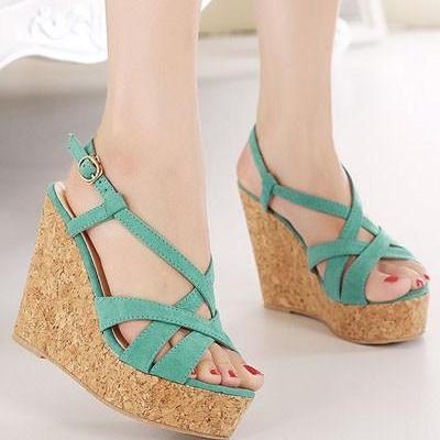 Green Crossed Strap Open Toe Cork Casual Wedges