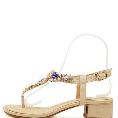 Apricot Faux Jewel Decor Thong Chunky Sandals