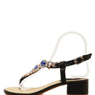 Black Faux Jewel Decor Thong Chunky Sandals