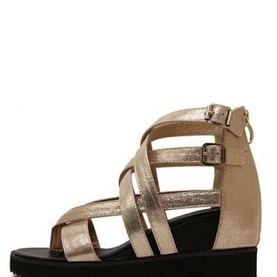 Gold Cross Strap Thong Wedge Gladiator Sandals