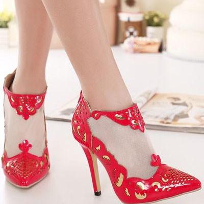 Red Cutout Mesh Pointed Toe Single Sole Heels