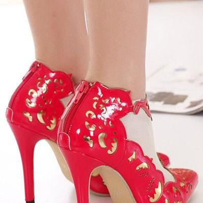 Red Cutout Mesh Pointed Toe Single Sole Heels