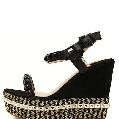 Black Studded Open Toe Ankle Strap Casual Wedges