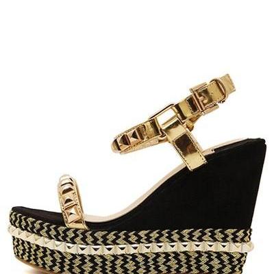 Gold Studded Open Toe Ankle Strap Casual Wedges