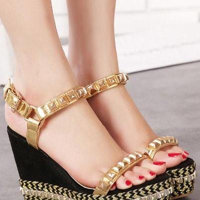 Gold Studded Open Toe Ankle Strap Casual Wedges