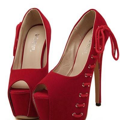 Free Shipping Red Peep Toe Side Lace Up Platform Pump Heels on Luulla