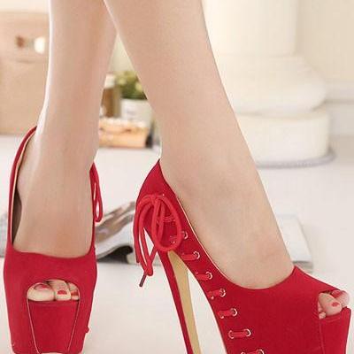 red lace up platform heels
