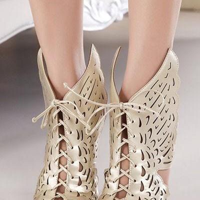 Gold Cutout Wing Lace Up Peep Toe Stiletto Heels