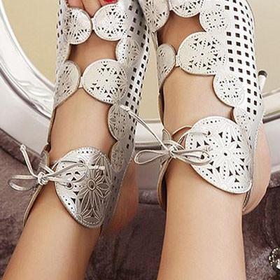Silver Carved Lace Up Peep Toe Stiletto Heels
