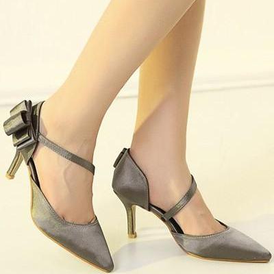 Dark Gray Bow Decor Pointed Toe Single Sole Heels