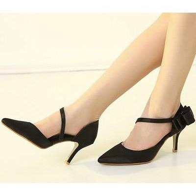 Black Bow Decor Pointed Toe Single Sole Heels