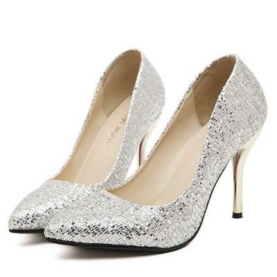 Silver Glitter Pointed Toe Single Sole Pump Heels
