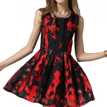 Black Red Mixed Print Sleeveless Casual Skater Dress on Luulla