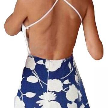 Blue Halter Backless Floral Printed Sexy Womens..