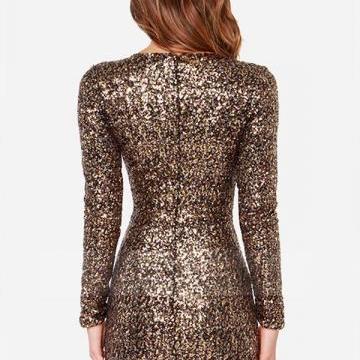 Gold Sexy Ladies V-neck Low-cut Sequin Long Sleeve..