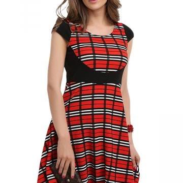 Red Ladies Grid Casual Skater Dress A