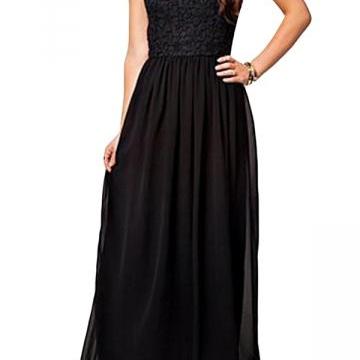 Black Ladies Backless Hollow Out Lace Maxi Dress A