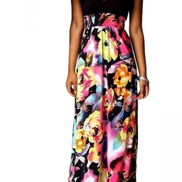 Red Ladies Deep V Neck Flower Printed Maxi Dress A