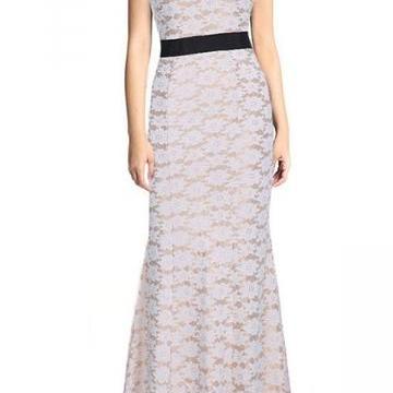 Beige White Ladies Embroidered Lace Maxi Dress A