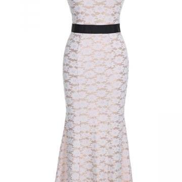 Beige White Ladies Embroidered Lace Maxi Dress A