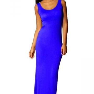 Sapphire Blue Plain Sleeveless Elegant Womens Maxi..
