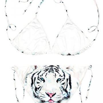 My Wish White Womens Halter Tiger Printed String..