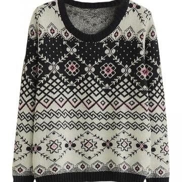 Ladies Round Neck Geometric Patterned Pullover..