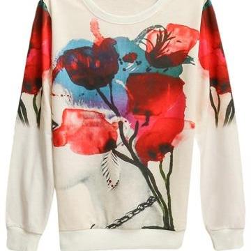 Womens Flower Beauty Printed Pullover Long Sleeve..