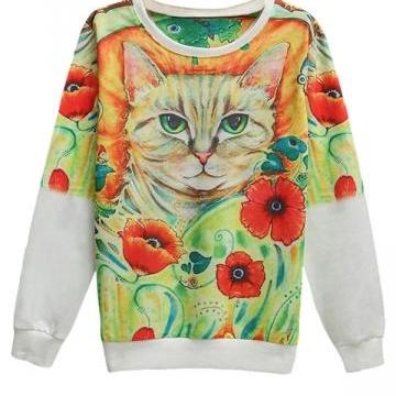 Womens Flower Cat Printed Pullover Long Sleeve..