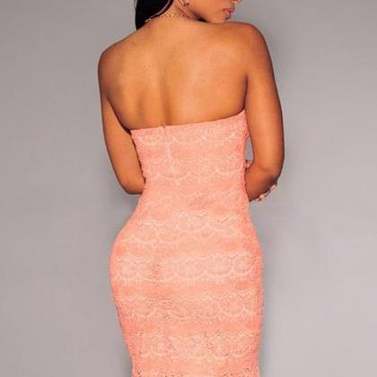 Pink Lace Strapless Bodycon Party Dress Al
