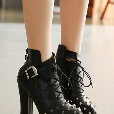 Black Spike Accent Lace Up Buckled Chunky Heel..