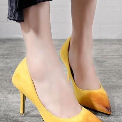 Yellow Suede Pointed Toe Vintage Pump Heels Z