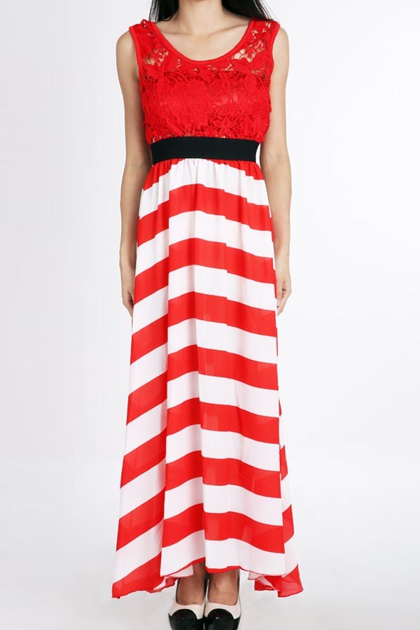 Red White Stripe Lace Bodice Chiffon Maxi Dress