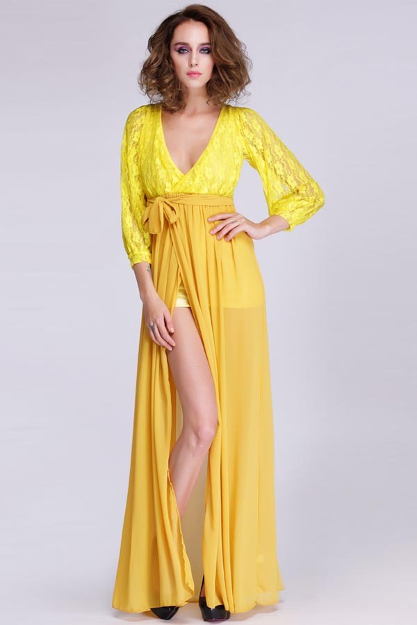 Yellow V Neck Lace Bodice Slit Chiffon Maxi Dress