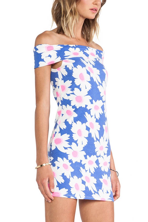 Free Shipping Blue Daisy Print Offshoulder Dress on Luulla