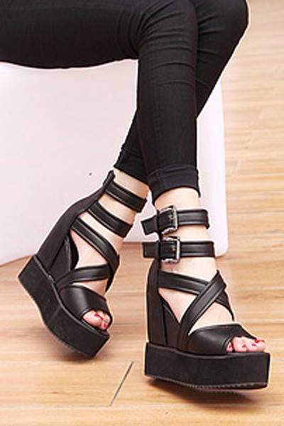 Black Crossover Peep Toe Ankle Strap Casual Wedges on Luulla