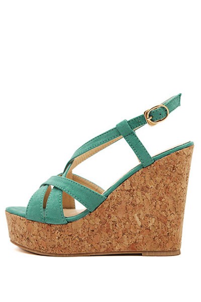 Green Crossed Strap Open Toe Cork Casual Wedges