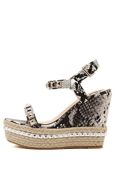 Shipping Silver Studded Snake Print Open Toe Ankle Strap Casual Wedges ...